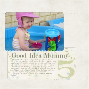 A scrapbook page with a picture of a baby in a pool titles good idea mummy