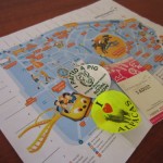 A close up of a map and stickers
