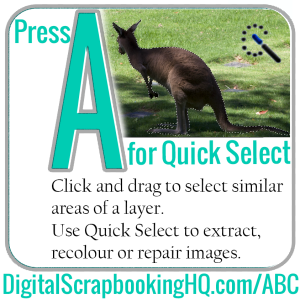 Type A for Quick Select in PSE. Find out how to use it today! https://digitalscrapbookinghq.com/abcs-pse-a