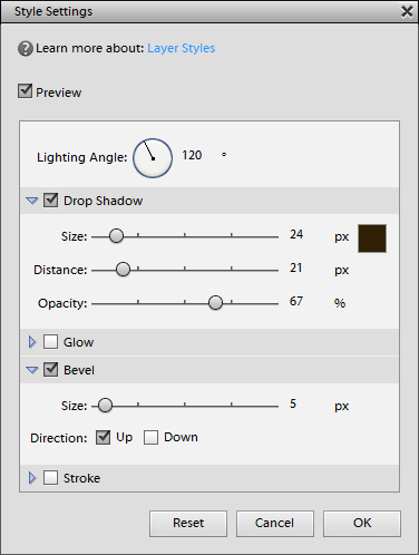 Bevel and emboss and shadow settings for chipboard alpha
