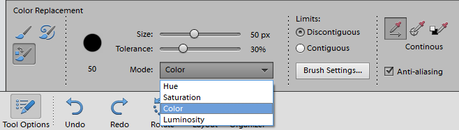 Color replacement tool modes