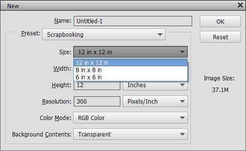 Scrapbooking size presets