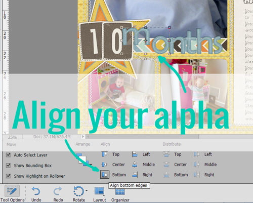 Align your alphabet sticks with the Alignment tools in Photoshop Elements