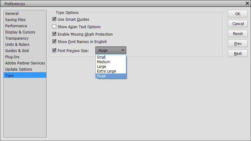 Edit > Preferences > Type > Font Preview Size - Adobe Photoshop Elements