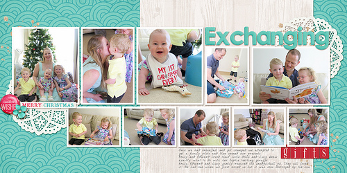 Take a look inside my album at a Christmas layout about exchanging gifts on Christmas morning. #scrapbooking #digiscrap