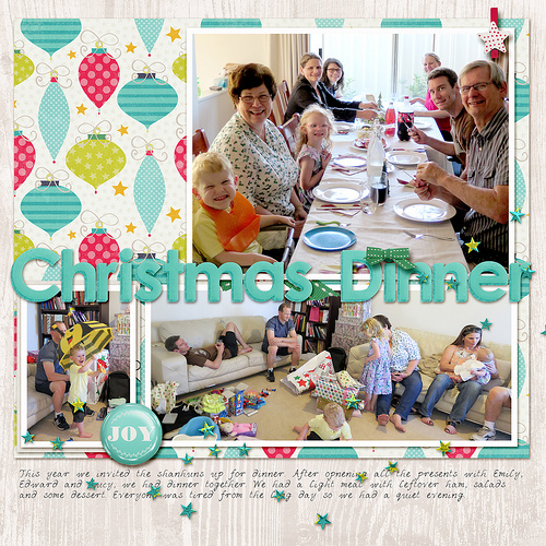 Take a look inside my album at a Christmas layout about our Christmas Dinner. #scrapbooking #digiscrap