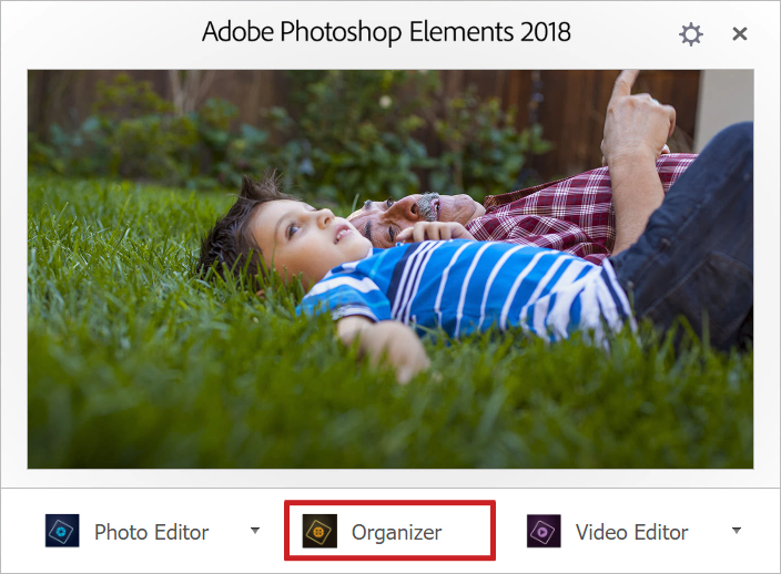 Adobe Photoshop Elements 2018 welcome screen - Organizer highlighted