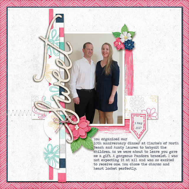 Each week I share a scrapbook layout to give you a little sneak peek into what I’m scrapping, and inspire you to play with pretty pixels too. Today I’m sharing a page about our 10th Anniversary. #digiscrap #scrapbooking Sweet scrapbook page