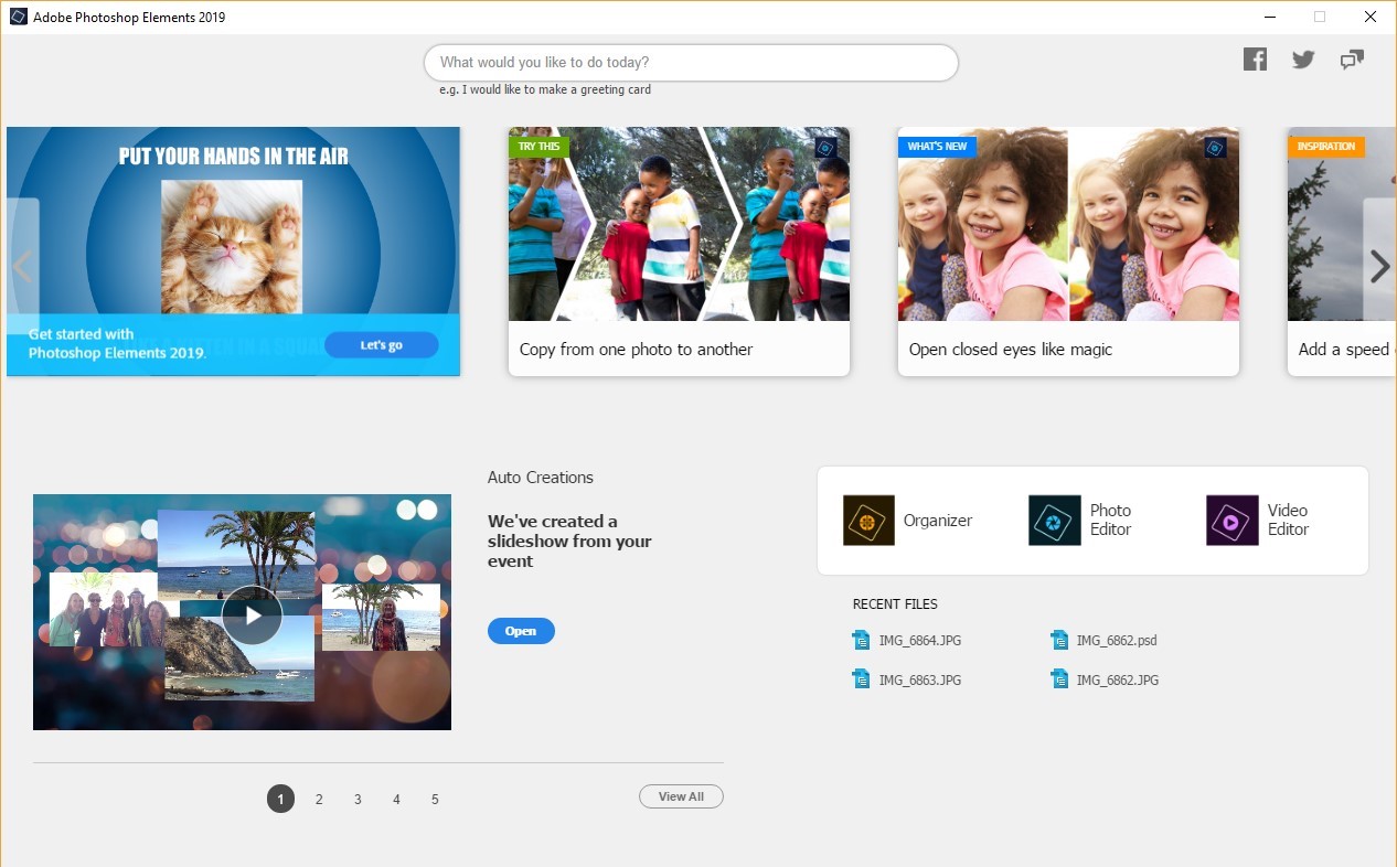 Photoshop Elements 2019 Home Screen