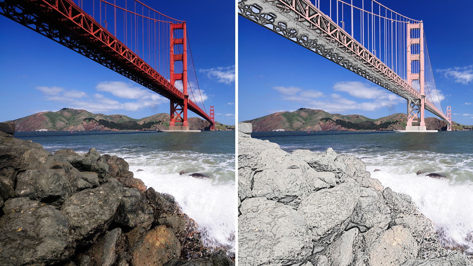 A bridge over a body of water with a mountain in the background