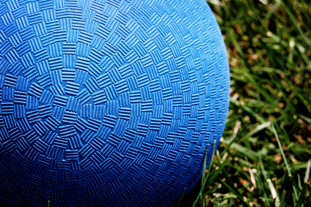 A blue ball and green grass