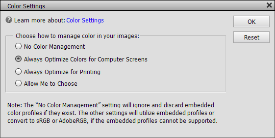 Color management settings Photoshop Elements