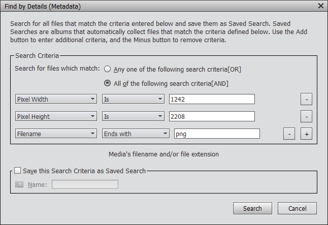 Find by Details (Metadata) dialog