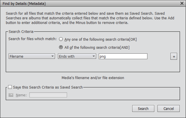 Find by Details (Metadata) dialog