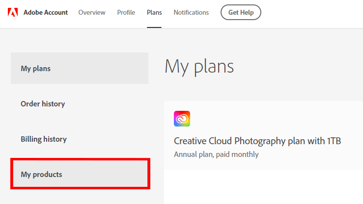 Adobe account page