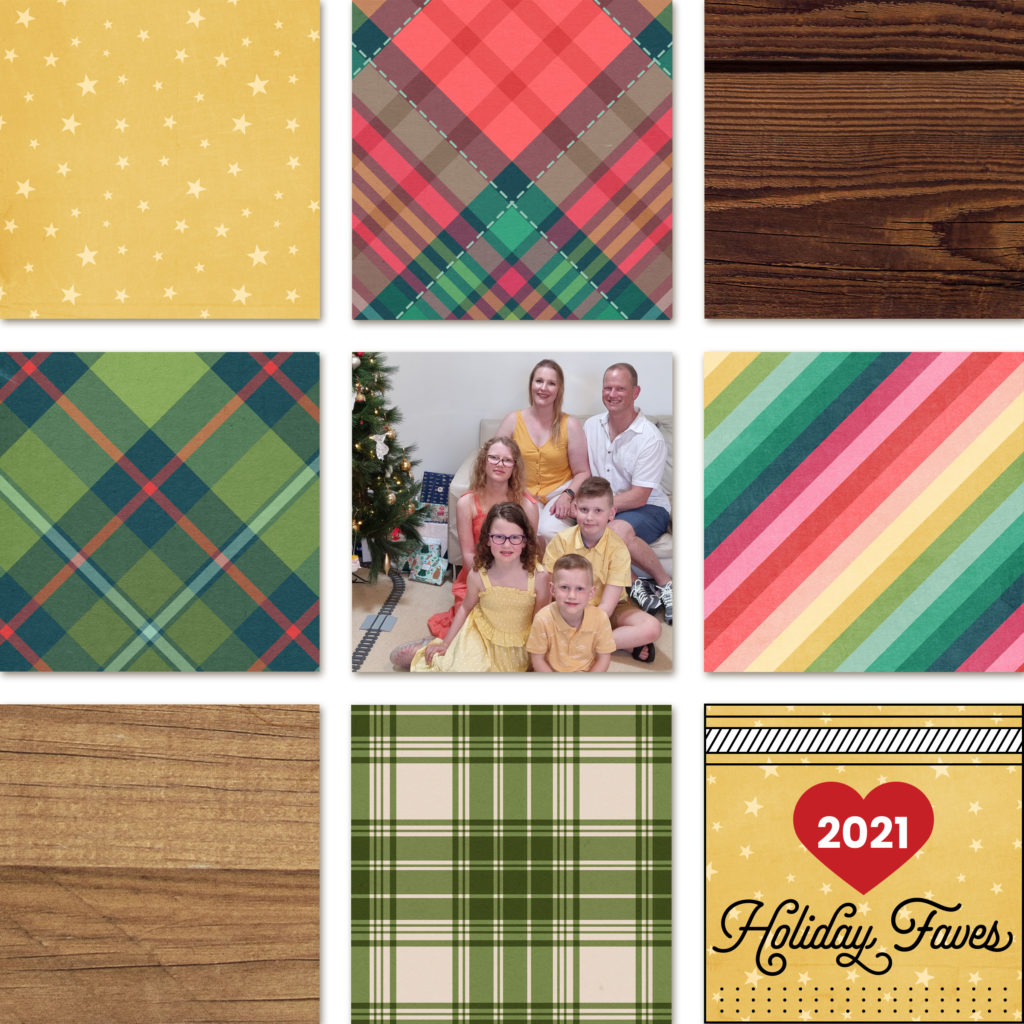 2021 Holiday Faves cover. 9 Square grid with bright colors and family photo.
